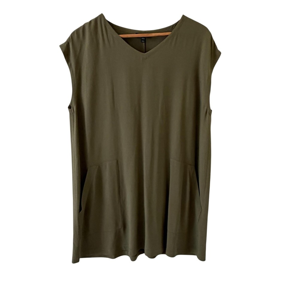 Eileen Fisher Silk Shift Dress Womens M Green V Neck Pockets Minimalist Coastal